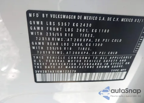 2019 Volkswagen Tiguan 2.0T Se/2.0T Sel/2.0T Sel R-Line/2.0T Sel R-Line Black z USA, uszkodzony, nr VIN 3VV2B7AX1KM123279